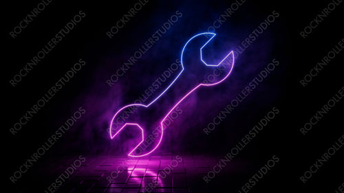 Pink and blue neon light tool icon. Vibrant colored settings technology symbol, isolated on a black background. 3D Render