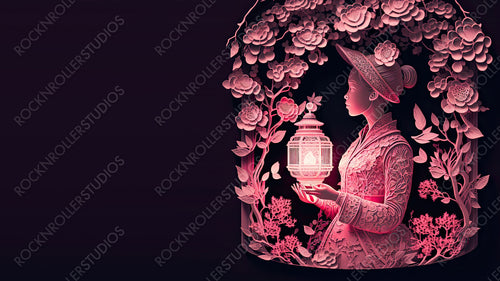 Paper Craft Design to Celebrate International Woman's Day. Premium Pink Floral Wallpaper with Lady, Lanterns and copy-space. Generative AI.