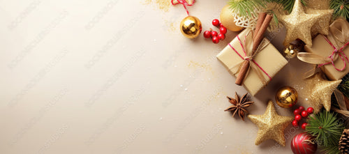 Christmas Decoration Composition on Light Gold Background with Beautiful Golden Gift Box with Ribbon, Fir Branches, Cones, Stars, Top View, Copy Space, Banner Format.