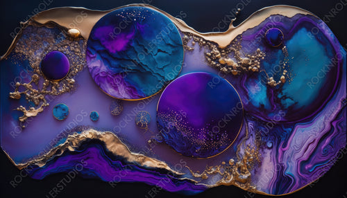 Liquid Swirls in Beautiful Purple and Black colors, with Gold Glitter. Modern Design Background. Generative AI.