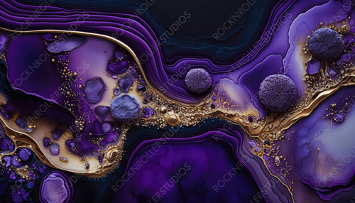 Modern Acrylic Pour Background. Paint Swirls in Beautiful Purple and Black colors, with Gold Glitter. Generative AI.