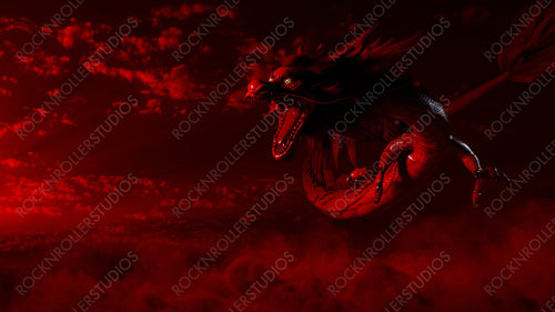 Chinese New Year Concept with Roaring Dragon against a Cloudy Sky. Red design with copy-space.