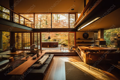 Stylish Zen House. Japanese Interior Design Background. Generative AI.