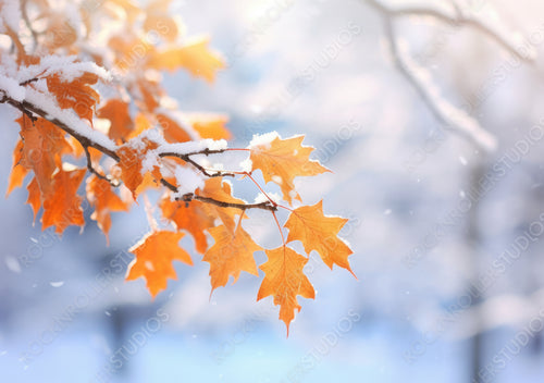 Beautiful branch with orange and yellow leaves in late fall or early winter under the snow. First snow, snow flakes fall, gentle blurred romantic light blue background, close-up.