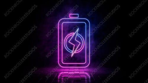 Pink and blue neon light battery icon. Vibrant colored energy technology symbol, isolated on a black background. 3D Render