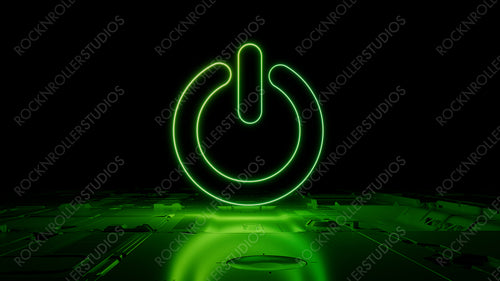 Green neon light power icon. Vibrant colored Activate technology symbol, on a black background with high tech floor. 3D Render