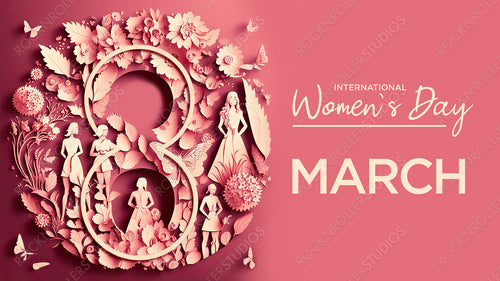 Number 8 in a Pink Floral Design. Lovely Paper Craft Wallpaper with Butterflies and Caption, to Celebrate International Woman's Day. Generative AI
