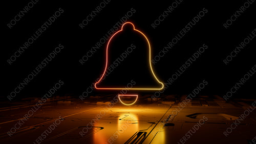 Orange and Yellow Alert Technology Concept with bell symbol as a neon light. Vibrant colored icon, on a black background with high tech floor. 3D Render