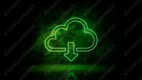 Green neon light cloud download icon. Vibrant colored technology symbol, isolated on a black background. 3D Render
