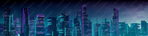 Cyberpunk City Skyline with Purple and Cyan Neon lights. Night scene with Futuristic Skyscrapers.