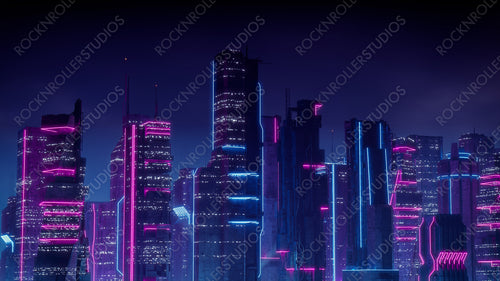 Sci-fi City Skyline with Blue and Pink Neon lights. Night scene with Futuristic Skyscrapers.