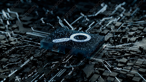 Search Technology Concept with Magnifier symbol on a Microchip. Data flows from the CPU across a Futuristic Motherboard. 3D render.