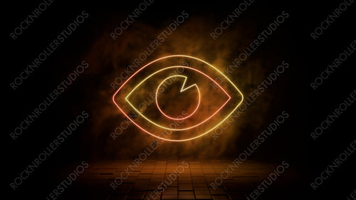 Orange and yellow neon light eye icon. Vibrant colored technology symbol, isolated on a black background. 3D Render