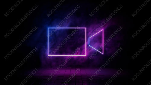 Pink and blue neon light video camera icon. Vibrant colored recording technology symbol, isolated on a black background. 3D Render