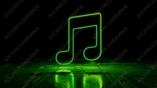 Green Audio Technology Concept with music symbol as a neon light. Vibrant colored icon, on a black background with high tech floor. 3D Render