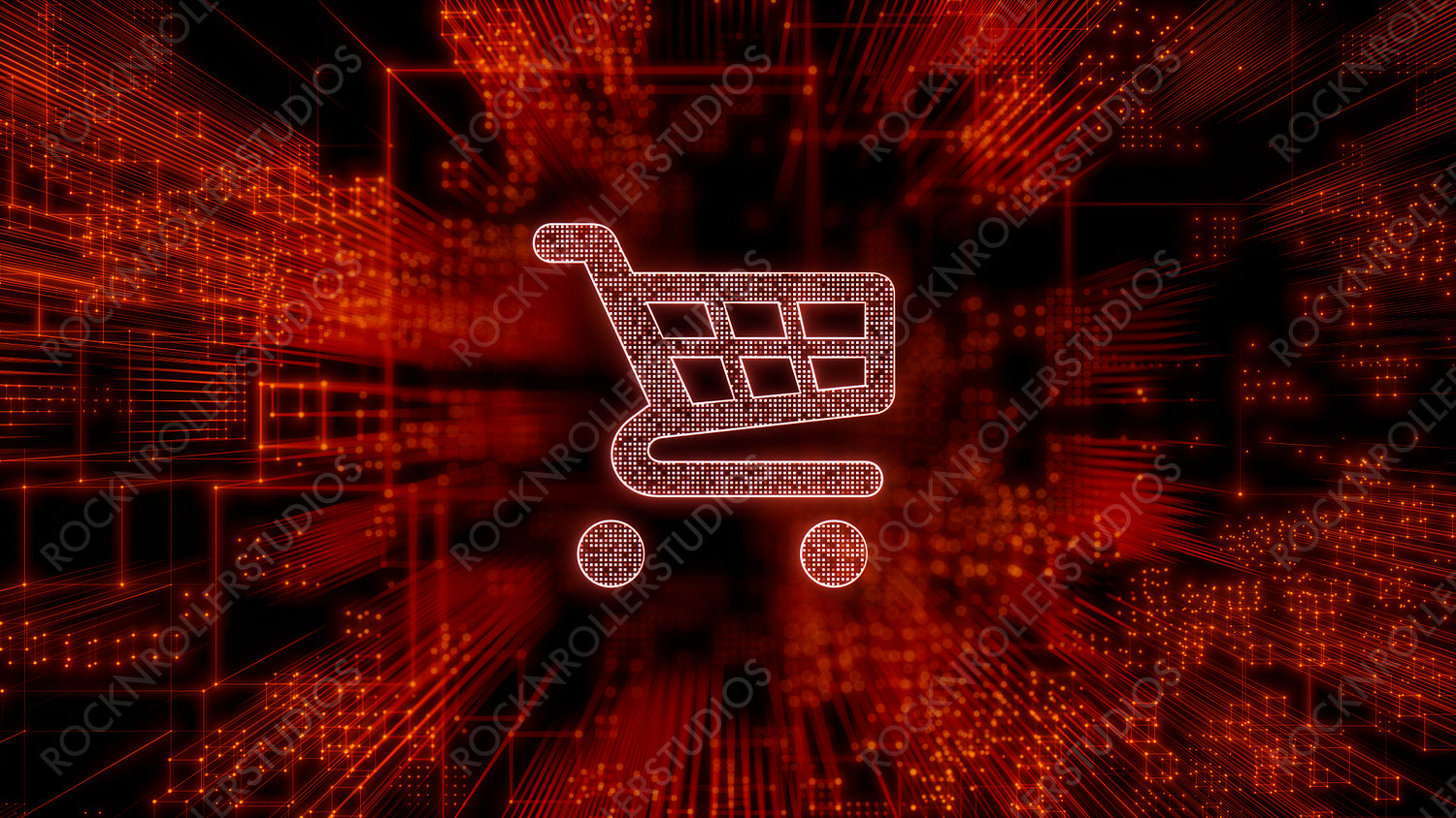 Ecommerce Technology Concept with shopping symbol against a Futuristic, Orange Digital Grid background. Network Tech Wallpaper. 3D Render