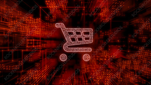 Ecommerce Technology Concept with shopping symbol against a Futuristic, Orange Digital Grid background. Network Tech Wallpaper. 3D Render