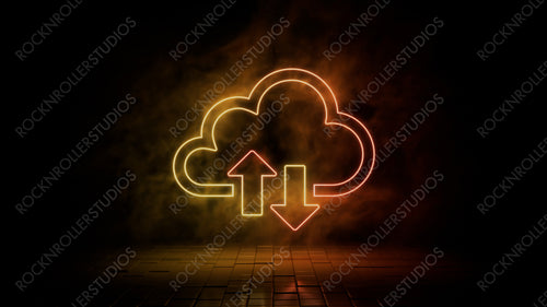 Orange and yellow neon light cloud icon. Vibrant colored technology symbol, isolated on a black background. 3D Render