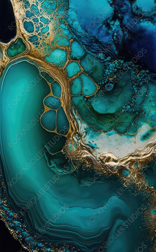 Liquid Swirls in Beautiful Teal and Blue colors, with Gold Glitter. Elegant Marbling Wallpaper. Generative AI.