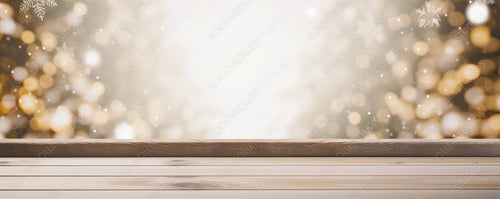 Empty Wooden Table Top with Abstract Warm Living Room Decor with Christmas Tree String Light Blur Background with Snow, Holiday Backdrop, Mock Up Banner For Display of Advertise Product.
