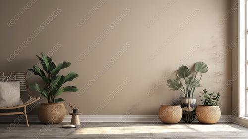 Boho Interior Design Background. Stylish Living Room. Generative AI.