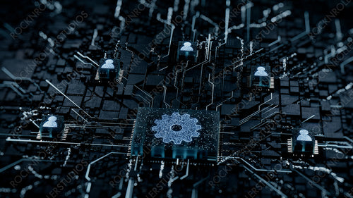Configure Technology Concept with cog symbol on a Microchip. White Neon Data flows between Users and the CPU across a Futuristic Motherboard. 3D render.