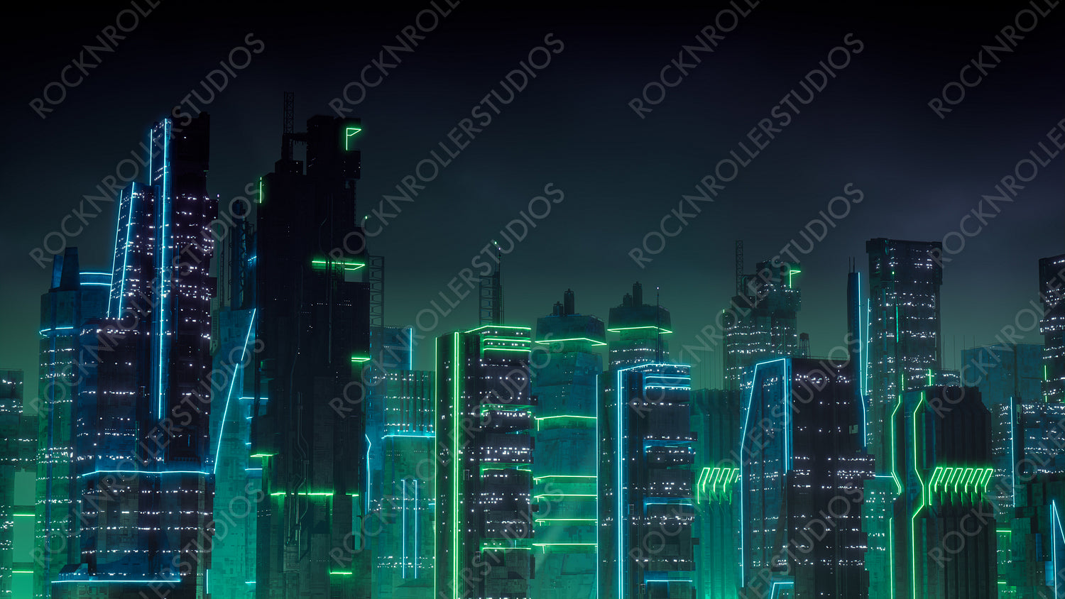 Cyberpunk Metropolis with Green and Blue Neon lights. Night scene with Advanced Architecture.