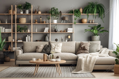 Contemporary Interior Design Background. Natural Living Room. Generative AI.