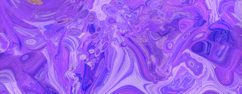 Flowing Contemporary Marbling Banner in Beautiful Violet and Purple colors. Liquid texture with Gold Powder.