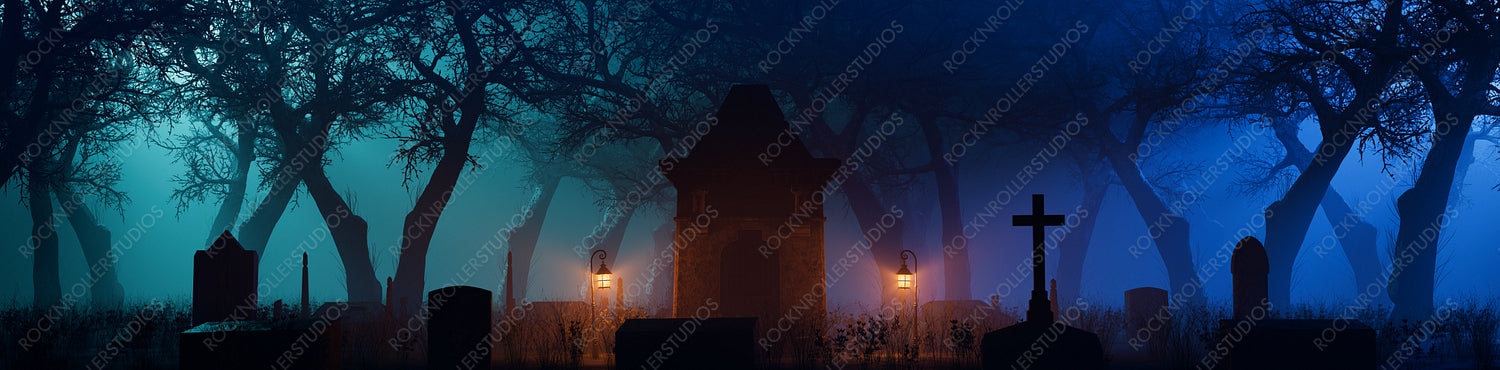 Halloween Background with Graveyard. Spooky scene with Gravestones and Trees enveloped in Blue Fog.
