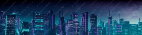 Cyberpunk Cityscape with Purple and Cyan Neon lights. Night scene with Visionary Skyscrapers.