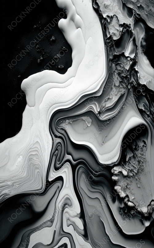 Beautiful Black and White Liquid Swirls with White Particles. Elegant Design Background. Generative AI.