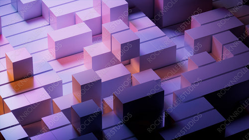 Futuristic Tech Wallpaper with Precisely Arranged Glossy Blocks. Violet and Orange, 3D Render.
