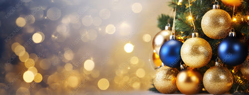 Christmas tree decorated with Golden and blue balls on a blurred, sparkling and fabulous fairy background with beautiful bokeh, copy space, banner format.