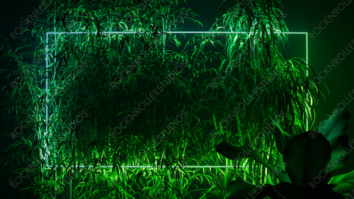 Blue and Green Neon Light with Tropical Plants. Rectangle shaped Fluorescent Frame in Rainforest Environment.