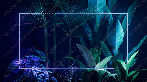 Tropical Leaves Illuminated with Purple and Green Fluorescent Light. Rainforest Environment with Rectangle shaped Neon Frame.