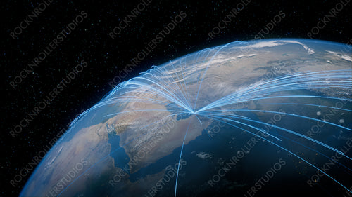Earth in Space. Blue Lines connect Dubai, UAE with Cities across the World. Global Travel or Business Concept.