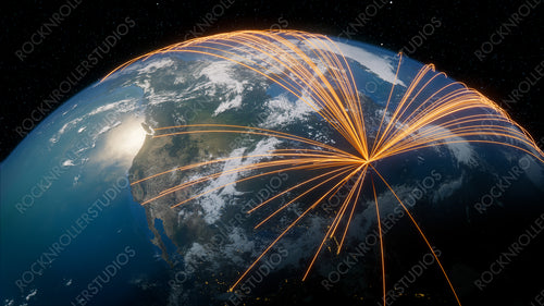Earth in Space. Orange Lines connect Boston, USA with Cities across the World. International Travel or Communication Concept.