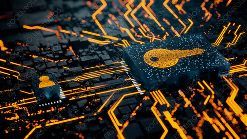 Security Technology Concept with key symbol on a Microchip. Orange Neon Data flows between the CPU and the User across a Futuristic Motherboard. 3D render.