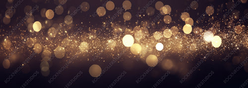 Background of Abstract Glitter Lights. Gold and Black. De Focused. Banner