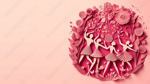 Paper Cut Design to Celebrate International Woman's Day. Elegant Pink Floral Background with Dancing Women, Flowers and copy-space. Generative AI.