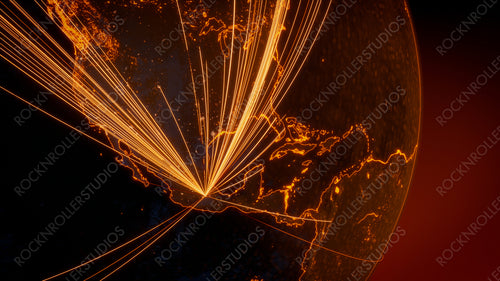 Futuristic Neon Map. Orange Lines connect Mexico City, Mexico with Cities across the Globe. Worldwide Travel or Communication Concept.