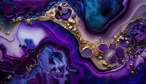Flowing Modern Design Wallpaper in Beautiful Purple and Black colors. Paint texture with Gold Glitter. Generative AI.