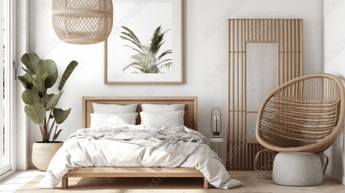 Boho Interior Design Background. Contemporary Bedroom. Generative AI.