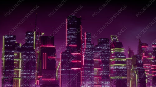 Cyberpunk City Skyline with Pink and Yellow Neon lights. Night scene with Advanced Architecture.