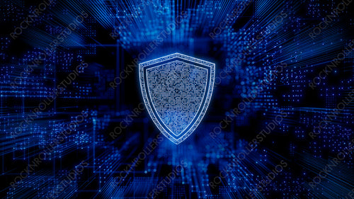 Security Technology Concept with shield symbol against a Futuristic, Blue Digital Grid background. Network Tech Wallpaper. 3D Render