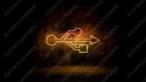 Orange and yellow neon light usb icon. Vibrant colored technology symbol, isolated on a black background. 3D Render