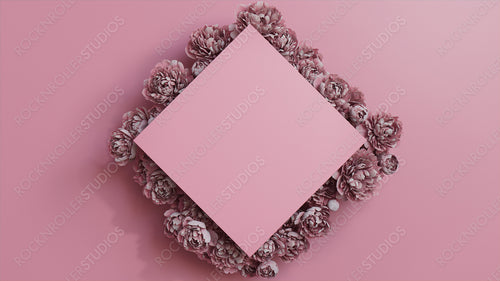 Diamond Floral Frame with Peony Border. Pink, Mother's Day or Valentine concept with copy space.