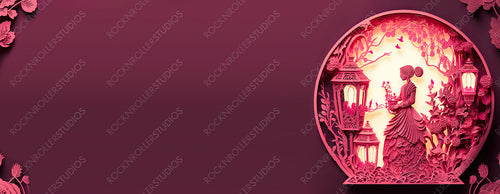 Lady in a Pink Floral Design. Premium Paper Craft Banner with Lanterns and copy-space, to Celebrate International Woman's Day. Generative AI