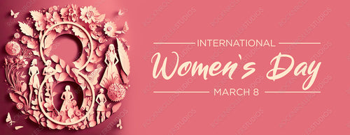 Number 8 in a Pink Floral Design. Premium Paper Craft Banner with Flowers and Caption, to Celebrate International Woman's Day. Generative AI